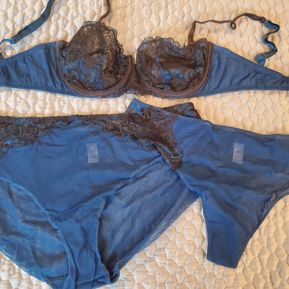 La Perla blue mesh & black lace bra (34C) and underwear set